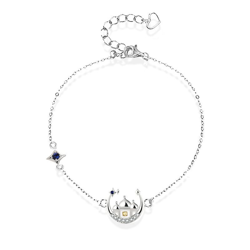 Gift CZ Castle Crescent Moon Star 925 Sterling Silver Bracelet