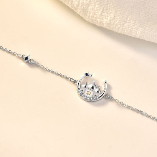 Gift CZ Castle Crescent Moon Star 925 Sterling Silver Bracelet